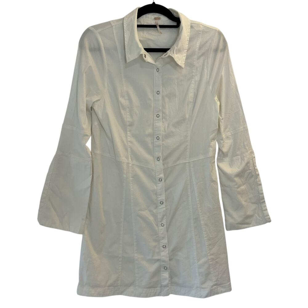 Free People Thea Snap Front Shirt Dress White Women's Small Hook Eye‎ Sleeves